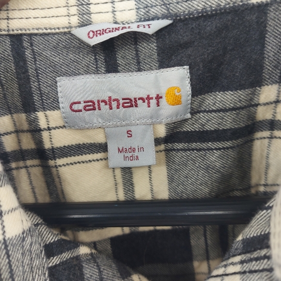Carhartt Flannel Plaid Size Small Black Gray and Cream Button Front Shirt - Picture 4 of 6